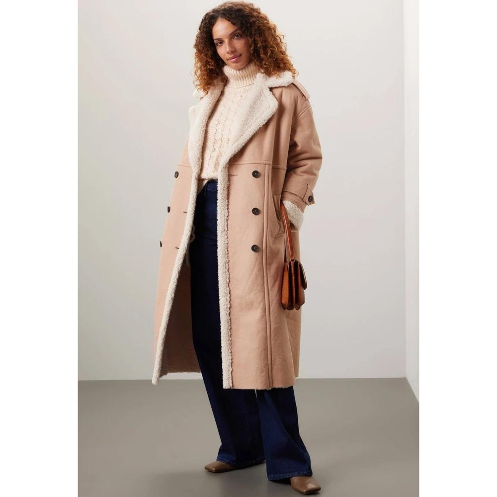 Great Jones Lines Sherpa Coat Tan Faux Suede Shearling Double Breasted Sz S